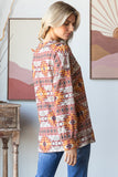 Aztec Pattern Long Puff Sleeve V Neck Top
