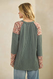 Long Sleeve Ribbed and Floral Print Contrast Top