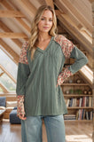 Long Sleeve Ribbed and Floral Print Contrast Top