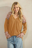 Long Sleeve Ribbed and Floral Print Contrast Top