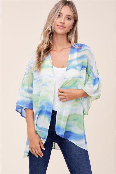 Staccato Open Front Ruffle Sleeve Tie Dye Kimono