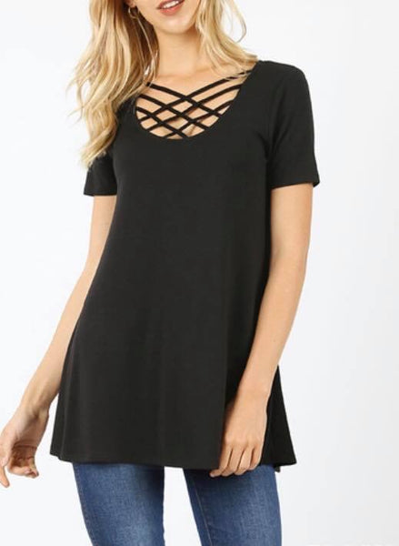 PLUS SHORT SLEEVE WEB DETAIL FRONT TUNIC TOP