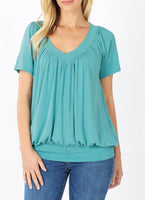 V-NECK SHORT SLEEVE SHIRRING TOP ASH MINT