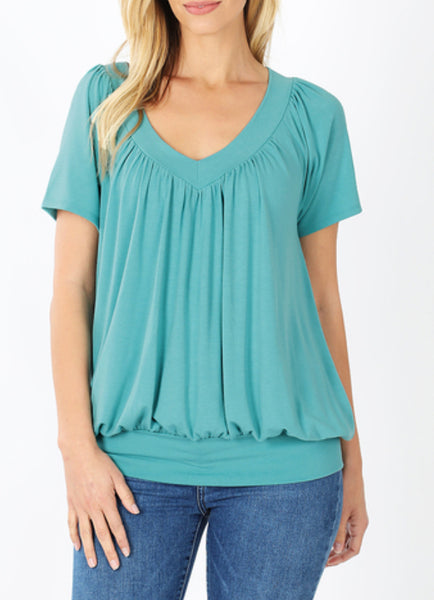 V-NECK SHORT SLEEVE SHIRRING TOP ASH MINT