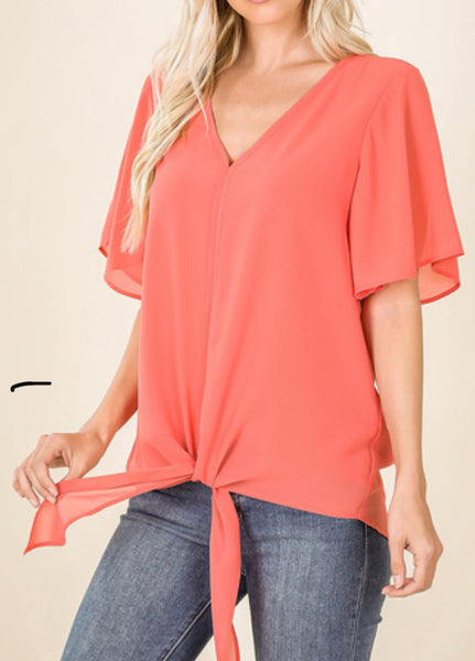 CORAL WOVEN DOUBLE LAYER CHIFFON FRONT TIE TOP