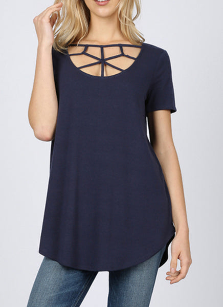 PLUS SHORT SLEEVE WEB DETAIL FRONT ROUND HEM TOP