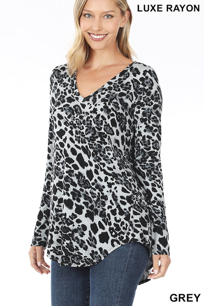 LEOPARD PRINT LONG SLEEVE V-NECK HI-LOW HEM TOP