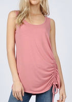 SLEEVELESS ROUND NECK SIDE RUCHED TANK TOP