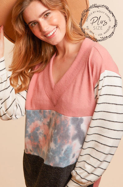 PLUS SIZE TIE DYE COLOR BLOCK TOP