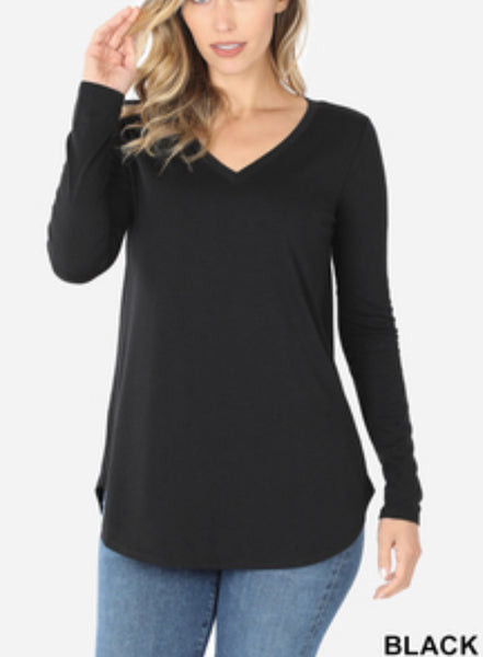 Long Sleeve Vneck Round Hem Top Black