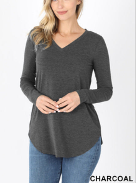 Long Sleeve Vneck Round Hem Top Charcoal