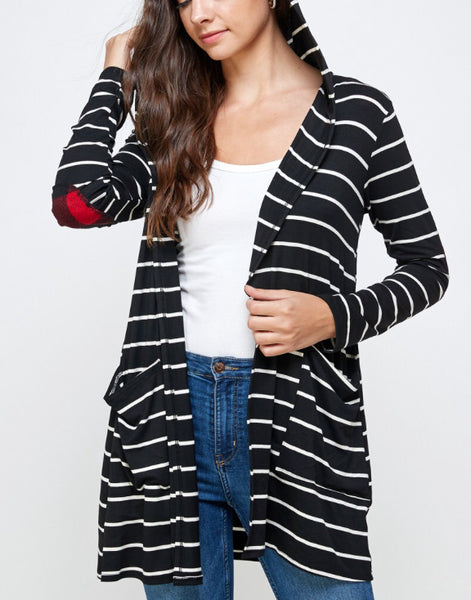 Striped Hooded Cardigan with Elbow Patch