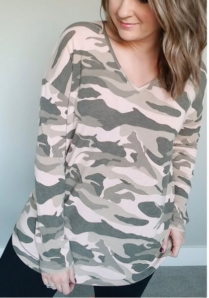 Vneck Long Sleeve Blush Camo Printed Top