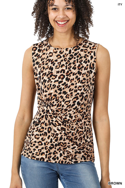 LEOPARD PRINT KNOT-FRONT SLEEVELESS TOP BROWN