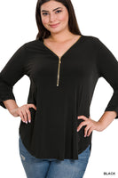 Plus Front Zip 3/4 Sleeve Top