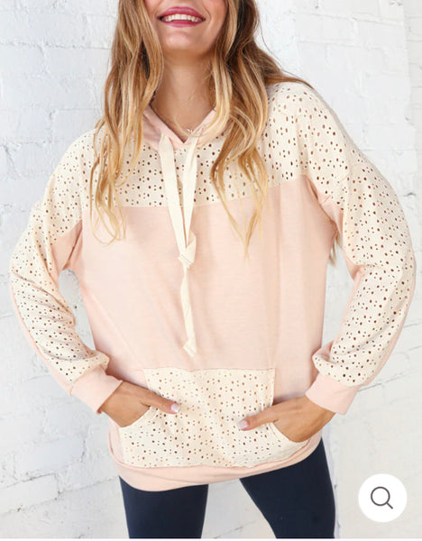 Cream and Blush Eyelet Color Block Hoodie