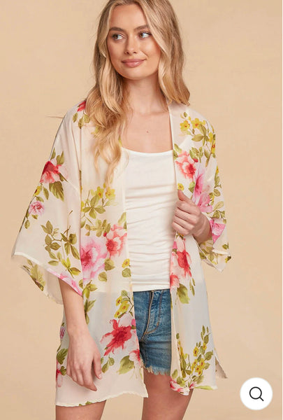 Plus Ivory Floral Chiffon Open Kimono